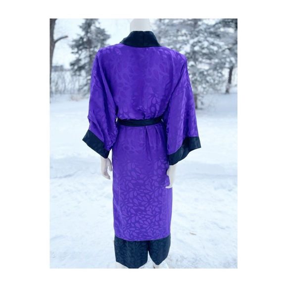 80s Diamond Tea Satin Loungewear Set Kimono Sleeve Duster Robe Trousers Purple B - Picture 15 of 16